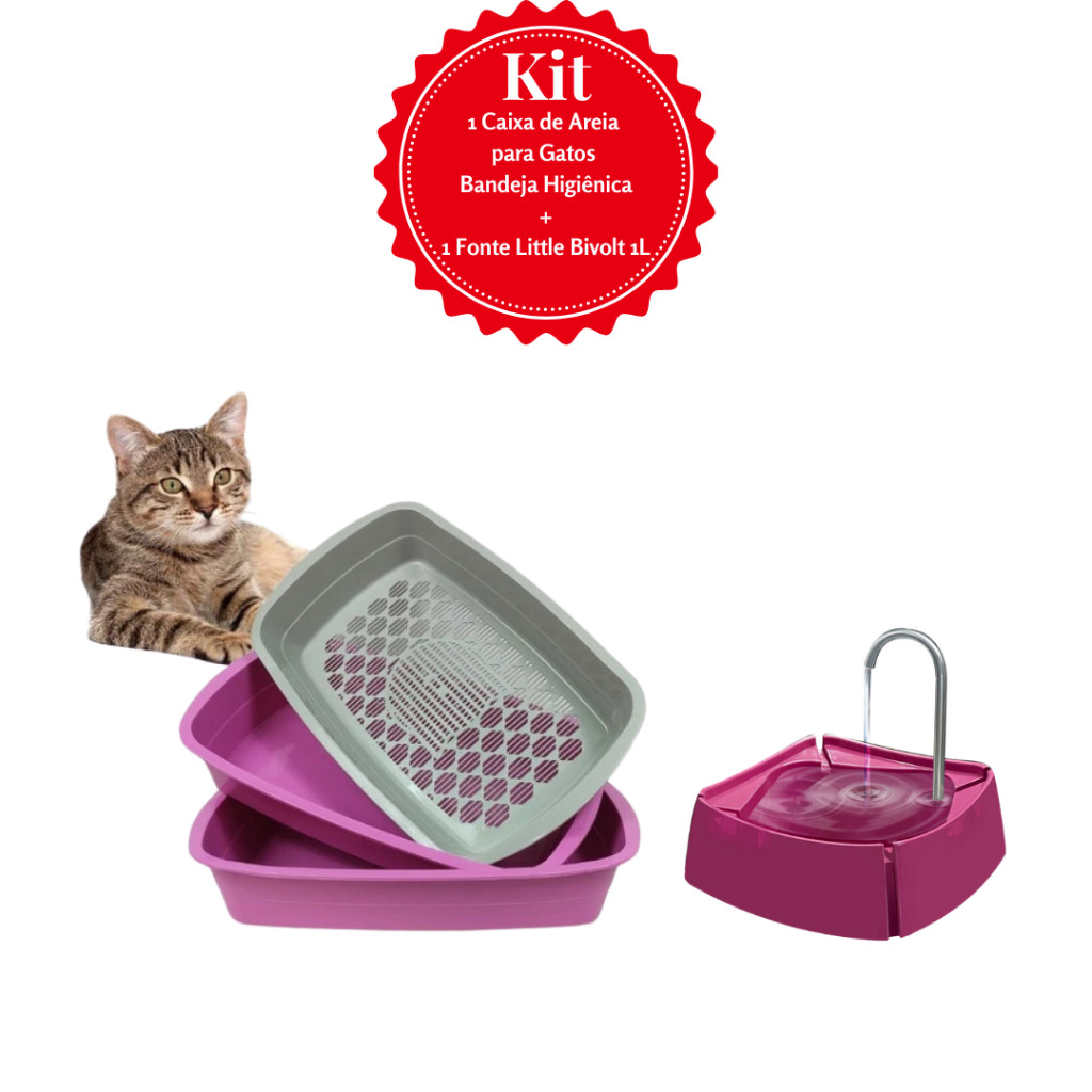 Kit Fonte Bebedouro Automático Aguá Corrente Bivolt 1L + Caixa de Areia para Gatos Bandeja Higiênica Furba Banheiro WC