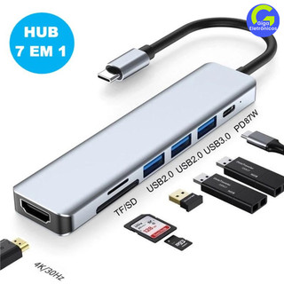 Conversor USB-C Multifuncional 7 em 1 - 4K 30Hz, USB Duplo e Leitor de Cartões Dual