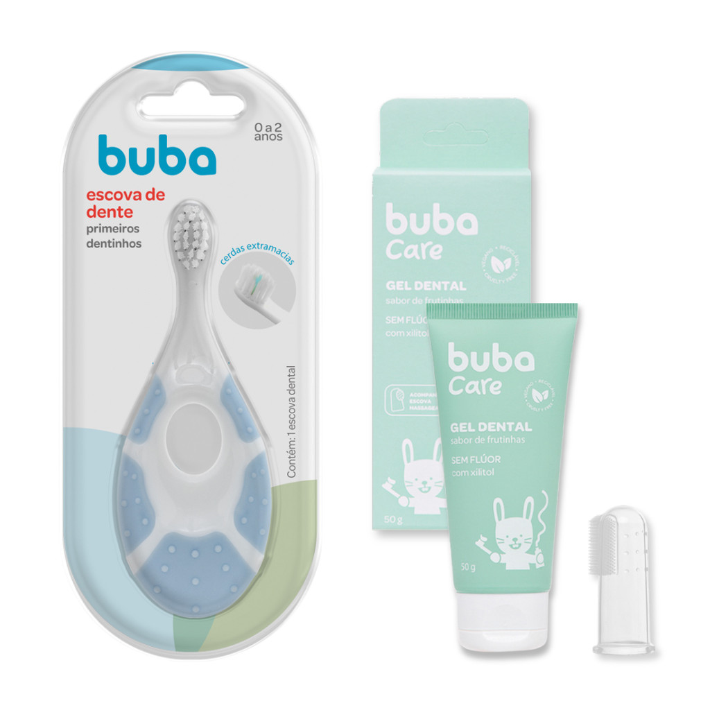 KIT ESCOVA DE DENTE PRIMEIROS DENTINHOS AZUL E GEL DENTAL SEM FLUOR BUBA CARE ESCOVA MASSA...