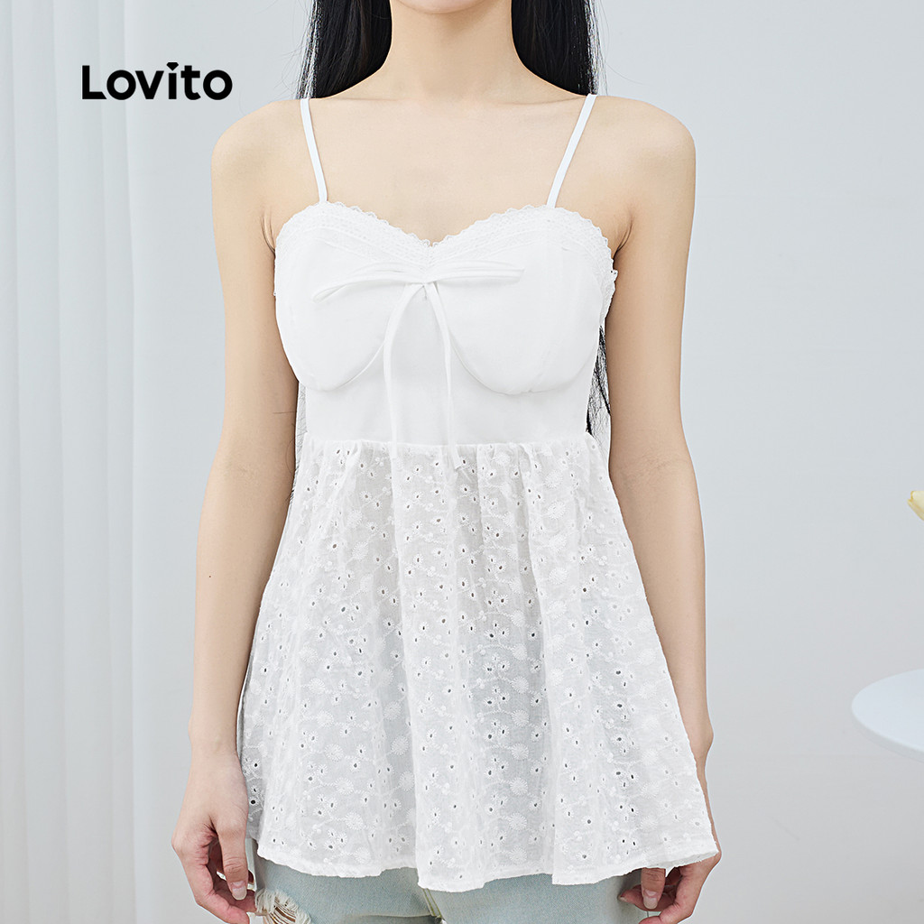 Detalhes do (Trendy) Lovito Regata Casual Com Ilhó Cadarço Top Cami Para Mulheres LNE17042 (Branco)