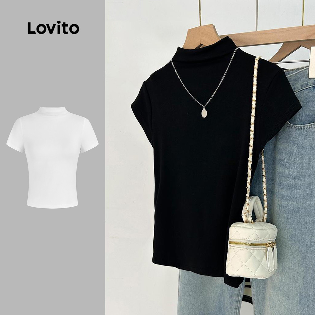 Lovito Camiseta Casual Lisa De Gola Alta Para Mulheres LNE38015 (Preto)