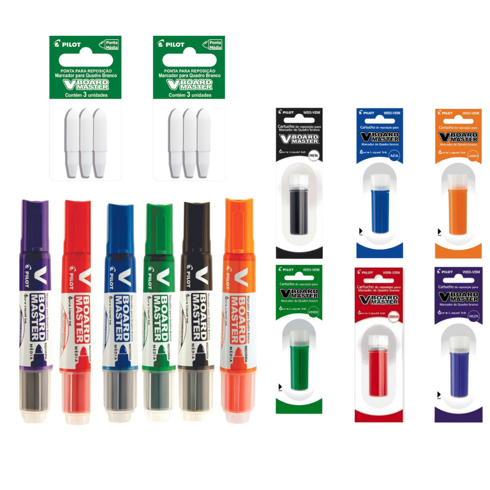 Kit 6 Pincel Quadro Branco + 6 Refil V-Board Master Pilot + 6 Refil Ponta
