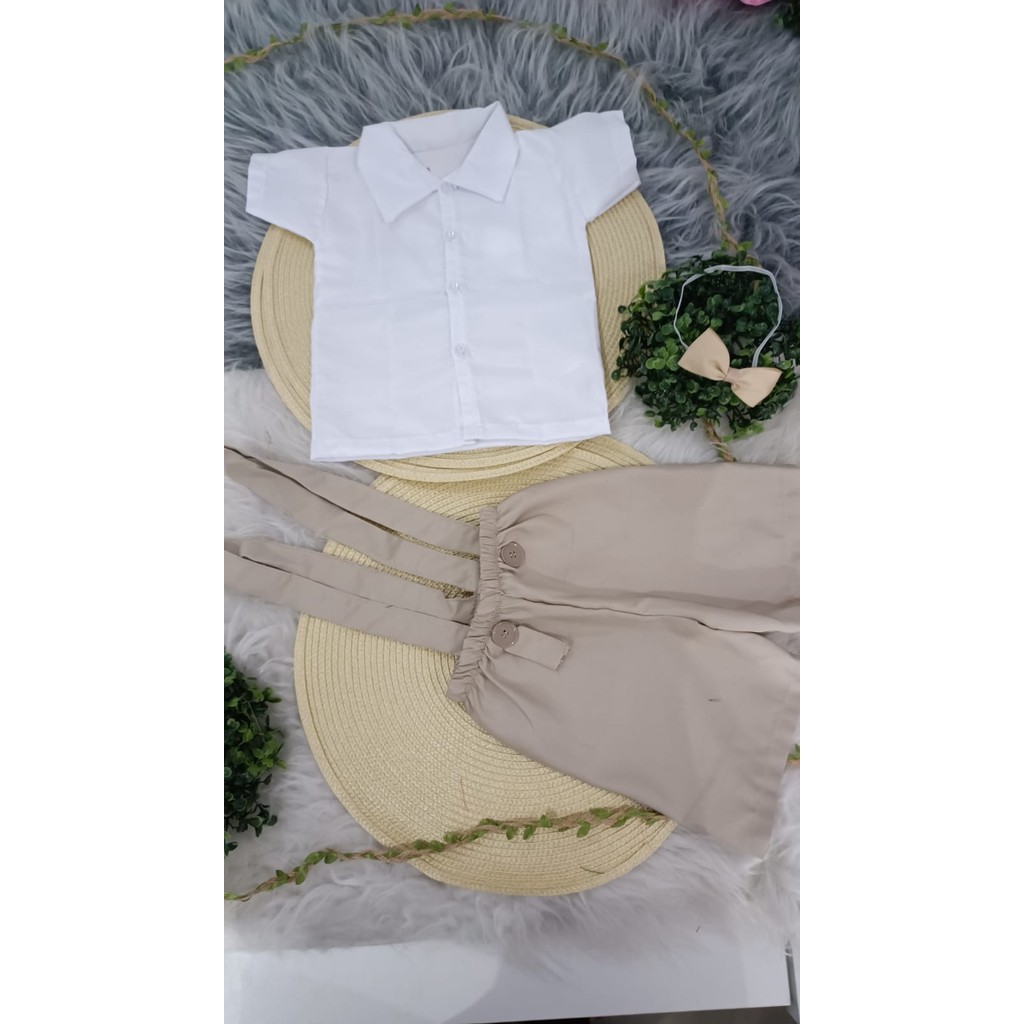 Conjunto Suspensório Infantil Bege Camisa Branca em Oferta na Shopee