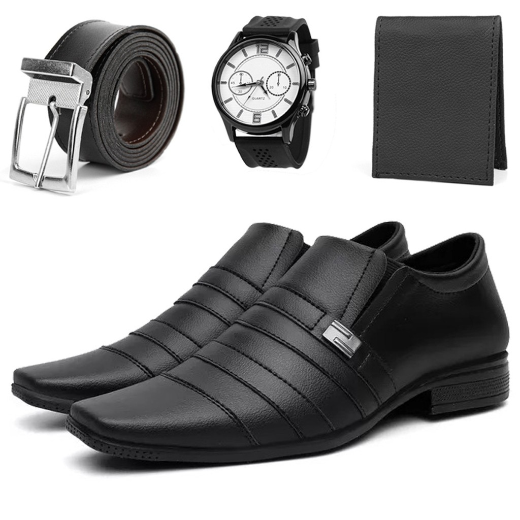 Kit Sapato Social Masculino Leve Dia a Dia Confortável + Carteira + Cinto + Relogio