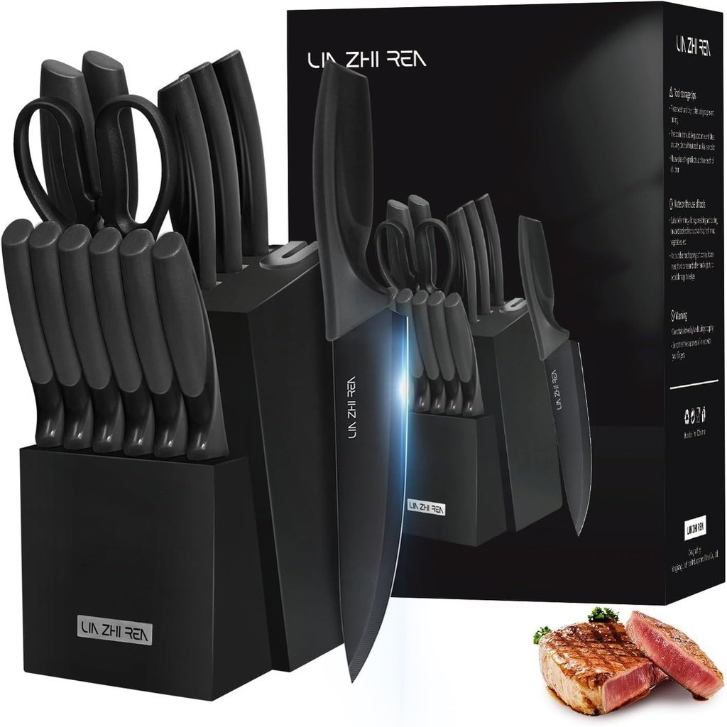 Kit Facas Conjunto de facas de cozinha 14 peças Inox com Afiador Embutido Bloco luxo de Ba...