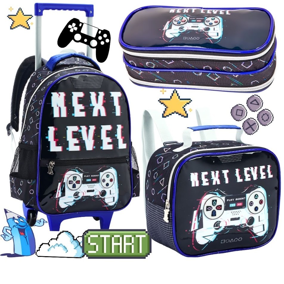 KIT MOCHILA RODINHAS INFANTIL MENINO MENINA NEXT LEVEL GAMER COM LANCHEIRA E ESTOJO GRANDE DENLEX