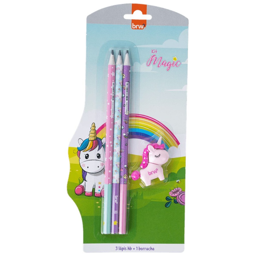 Kit Escolar Escrita Unicornio Magic 3 Lapis Preto Grafite HB e 1 Borracha Divertida - BRW