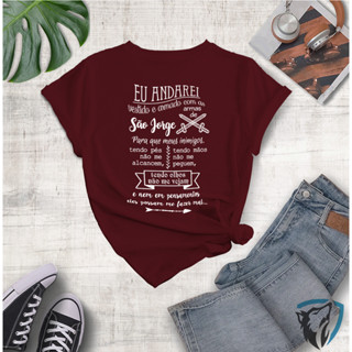 Camiseta Unissex Estampada Com Escritas " Eu Andarei Vestido e Armado Com As Armas De São Jorge " em Oferta na Shopee