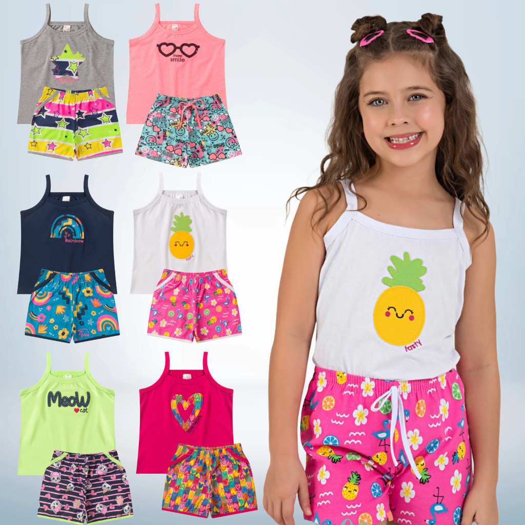 Conjunto Menina Blusa de Alça c/ Bordado e Shorts - Analê em Oferta na Shopee