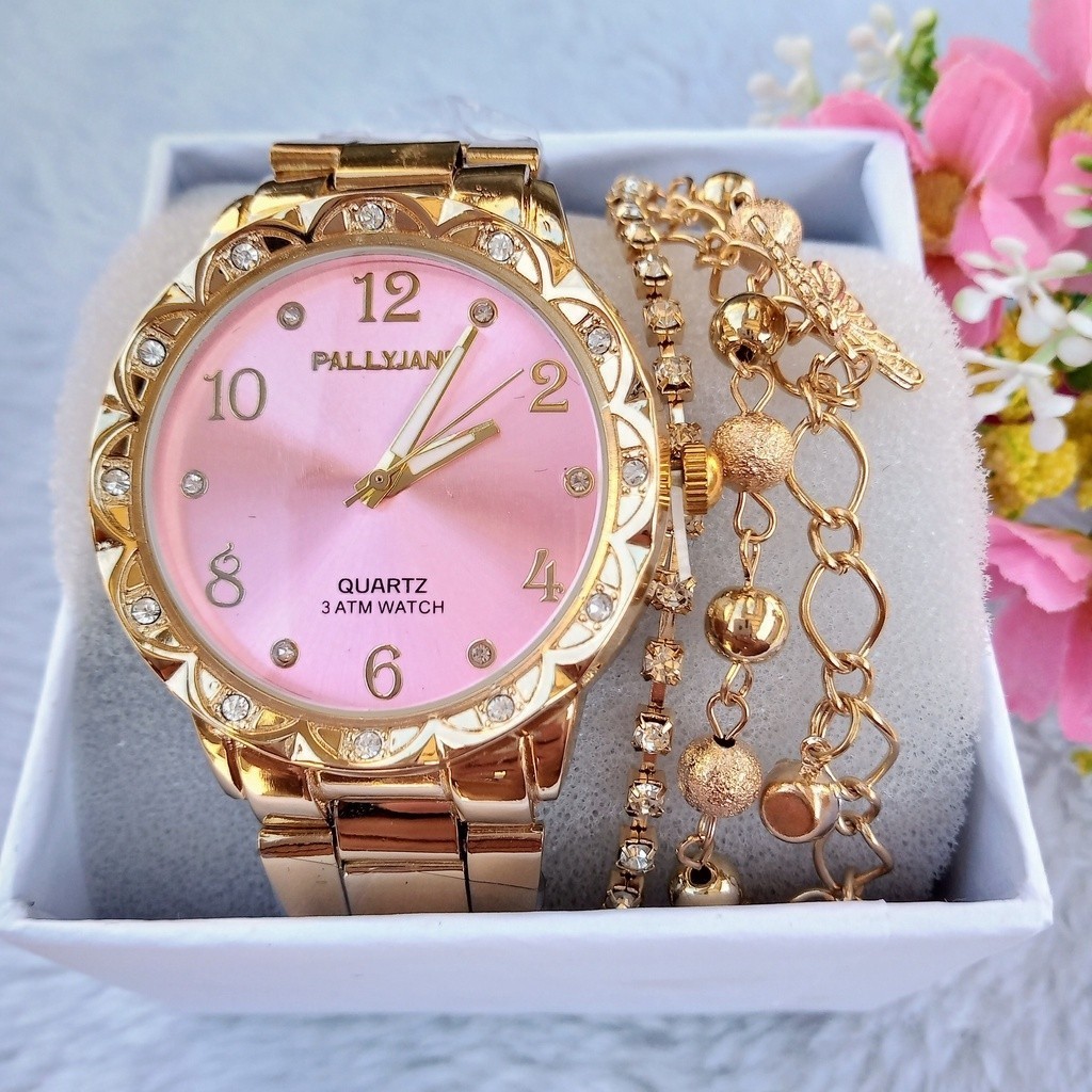 Relogio feminino banhado a ouro+pulseira aleatória em Oferta na Shopee