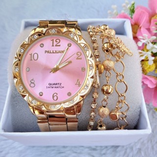 Relogio feminino banhado a ouro+pulseira aleatória em Oferta na Shopee