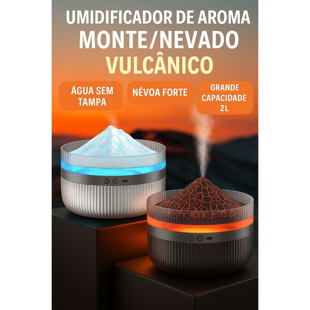 Difusor Aromatizador Ultrassônico 2L Umidificador De Vulcão Purificador De Óleo Essencial