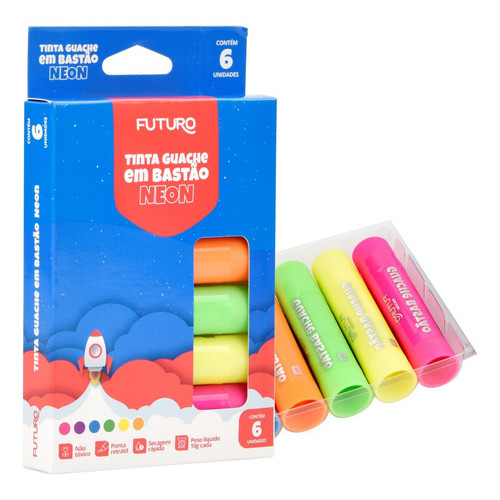 Tinta Guache Bastão Neon 6 Cores retrátil Infantil Escolar Não Tóxico Secagem Rápida