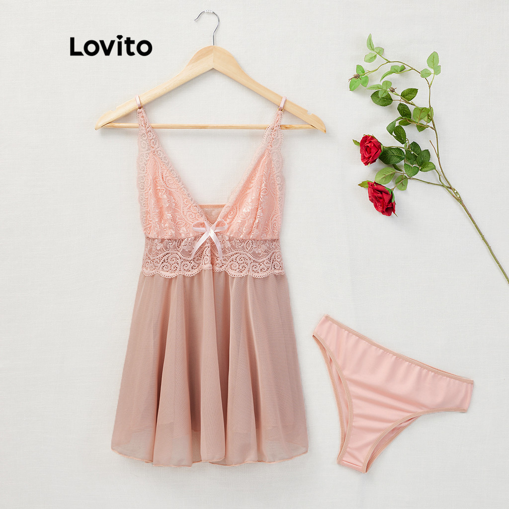 Detalhes do Lovito Lingerie Feminina de Renda Cintura Alta Decote V Profundo L17X059 (Rosa/Vermelho)