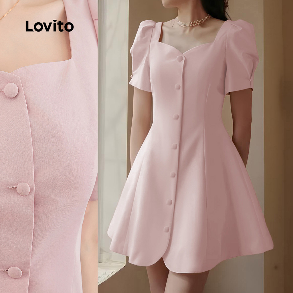 Lovito Vestido elegante com botões lisos para mulheres L131LD1017 - Women Clothes