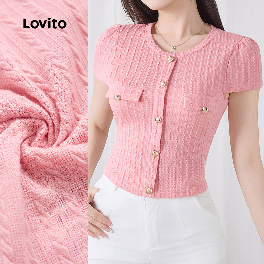 Lovito Camiseta Elegante Com Botões Lisos Para Mulheres L132ED246 em Oferta na Shopee