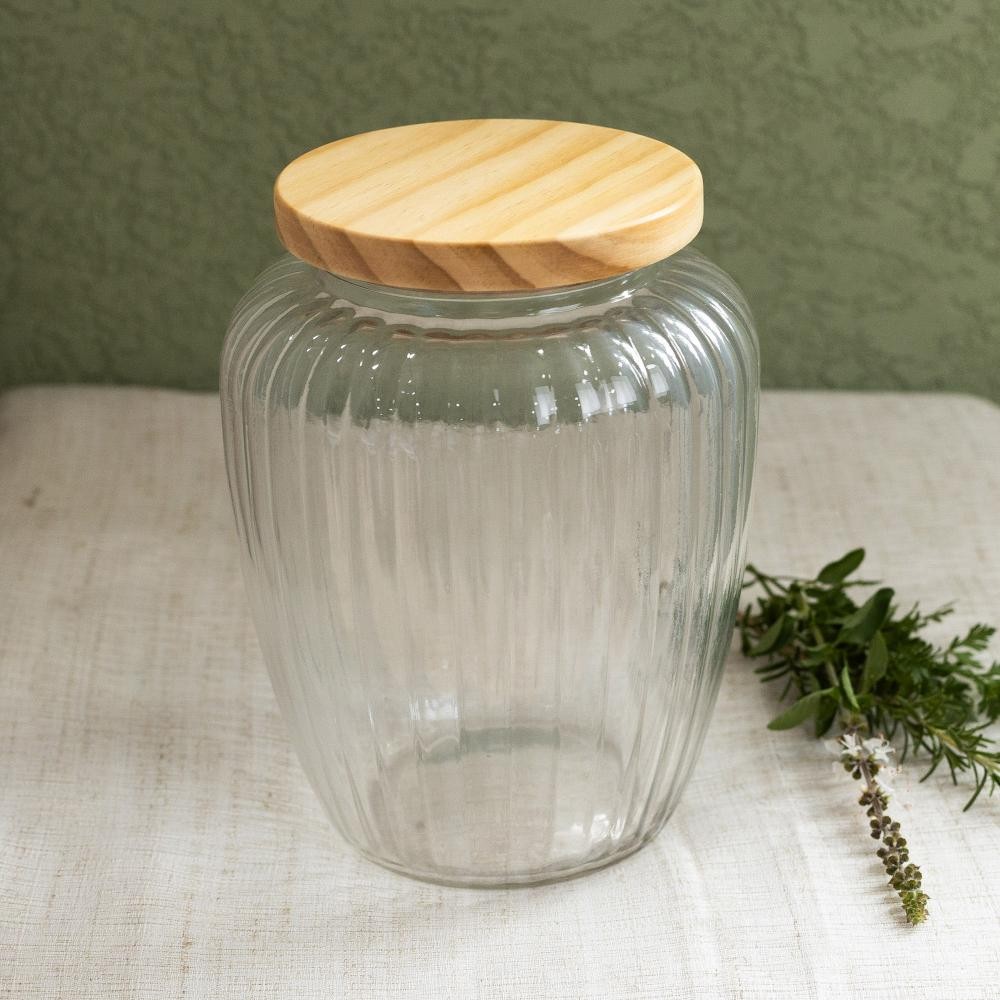 Porta Mantimento de Vidro com Tampa de Pinus 1,9L - Home & Living