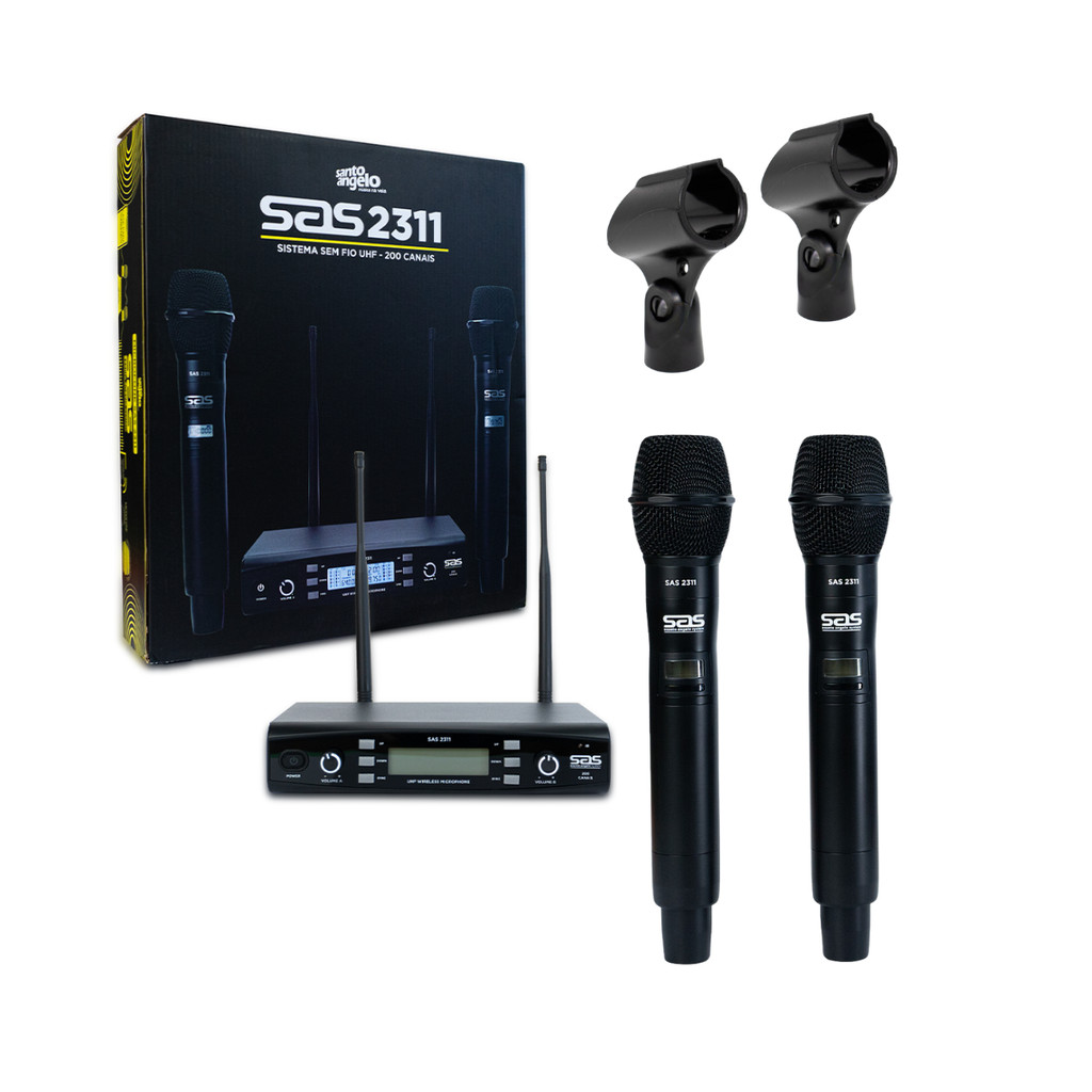 Microfone Duplo Sem Fio Uhf Digital Santo Ângelo SAS2311 Com 2 Cachimbos