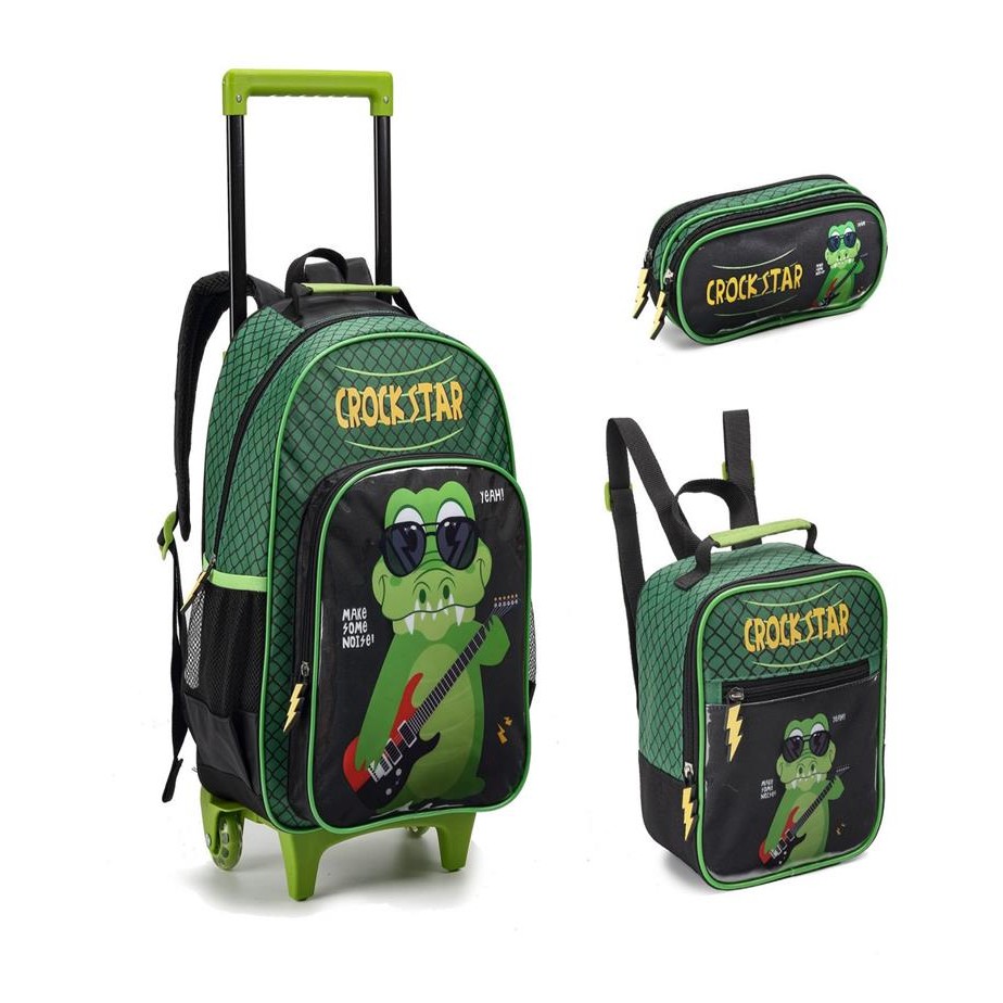 Kit Mochila Rodinha Lancheira Estojo Crock Star Meninos Aligator Jacaré Denlex
