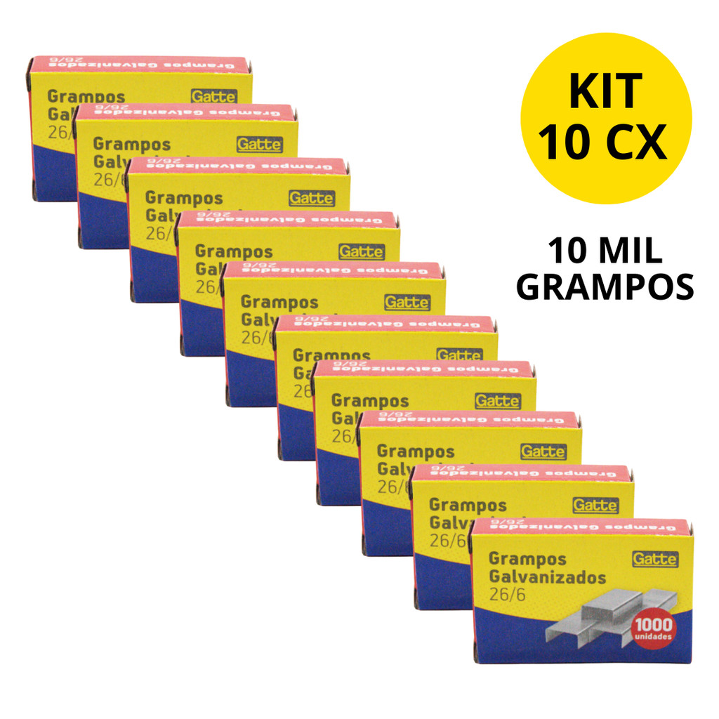 Kit 10 Caixas Grampos 26/6 Galvanizados 10.000 Dez Mil Unidades Metal para Grampeador Gatte