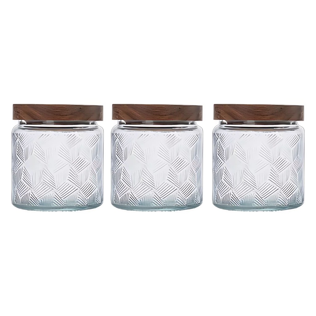 Kit 3 Pote De Vidro Baleiro 550ml Redondo Hermético Tampa Acácia Madeira  Rústico Elegante Versátil