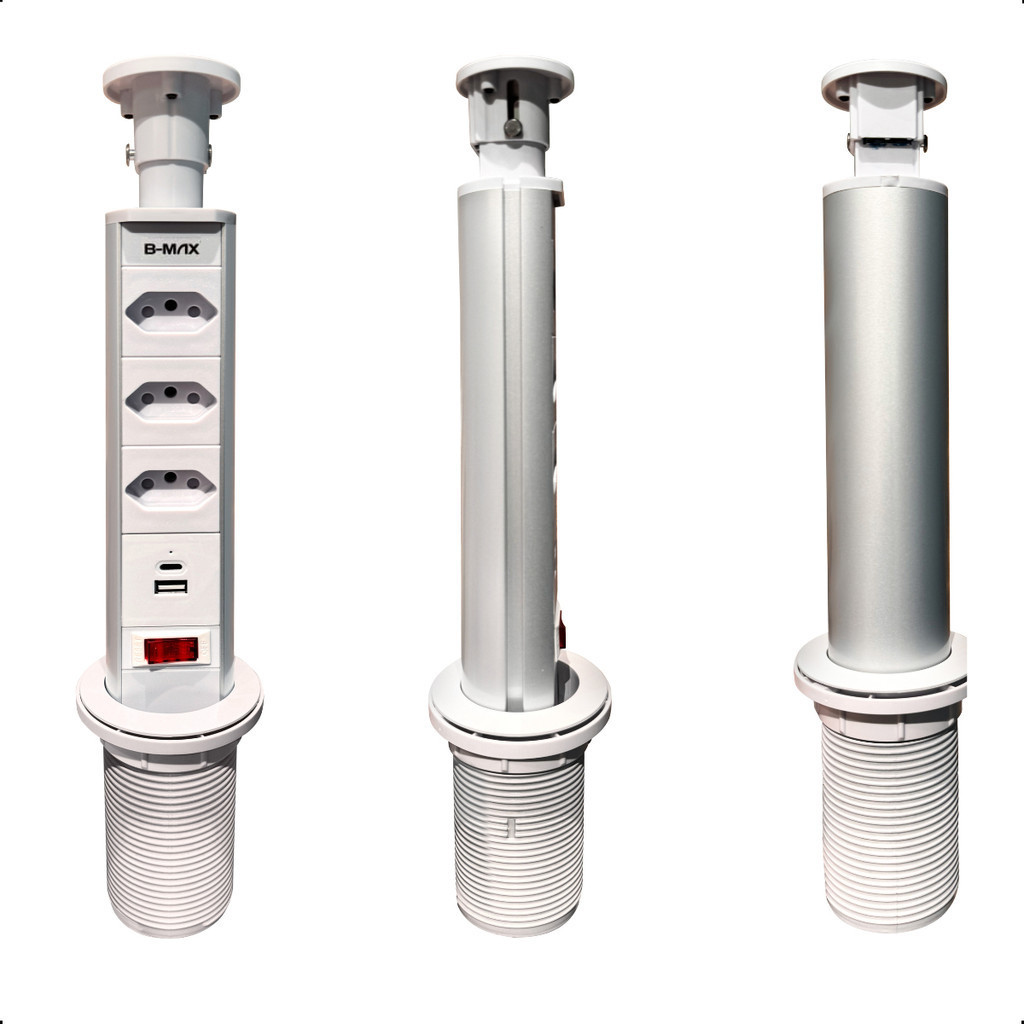 Torre De Tomada Para Bancada Embutir Retrátil Multiplug Com 3 Tomadas 10a/20a E 1 Usb E Tipo-c 110v/220v Branco B-max