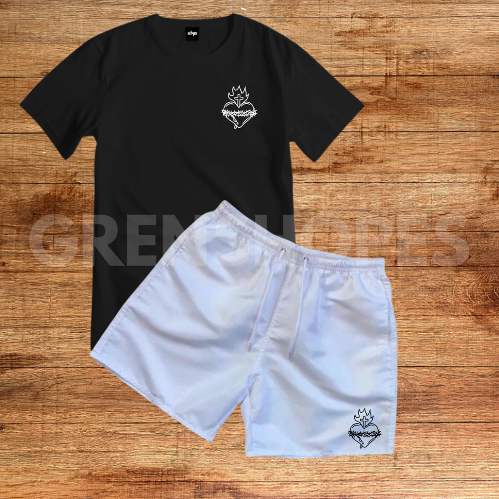 Conjunto Kit Camiseta E Bermuda Tectel Estampa coração Camisa Masculina