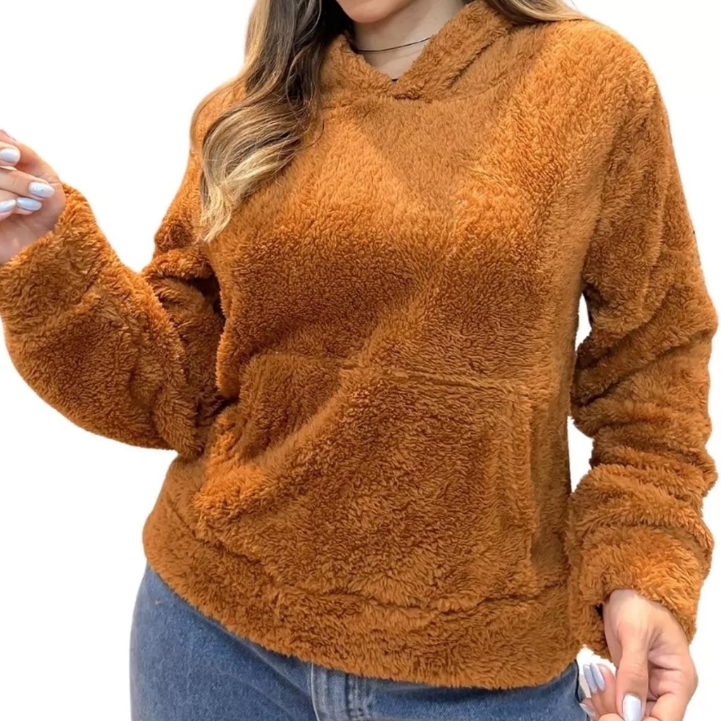 Casaco Feminino Peluciado Modelo Teddy Manga Longa Canguru Algodão