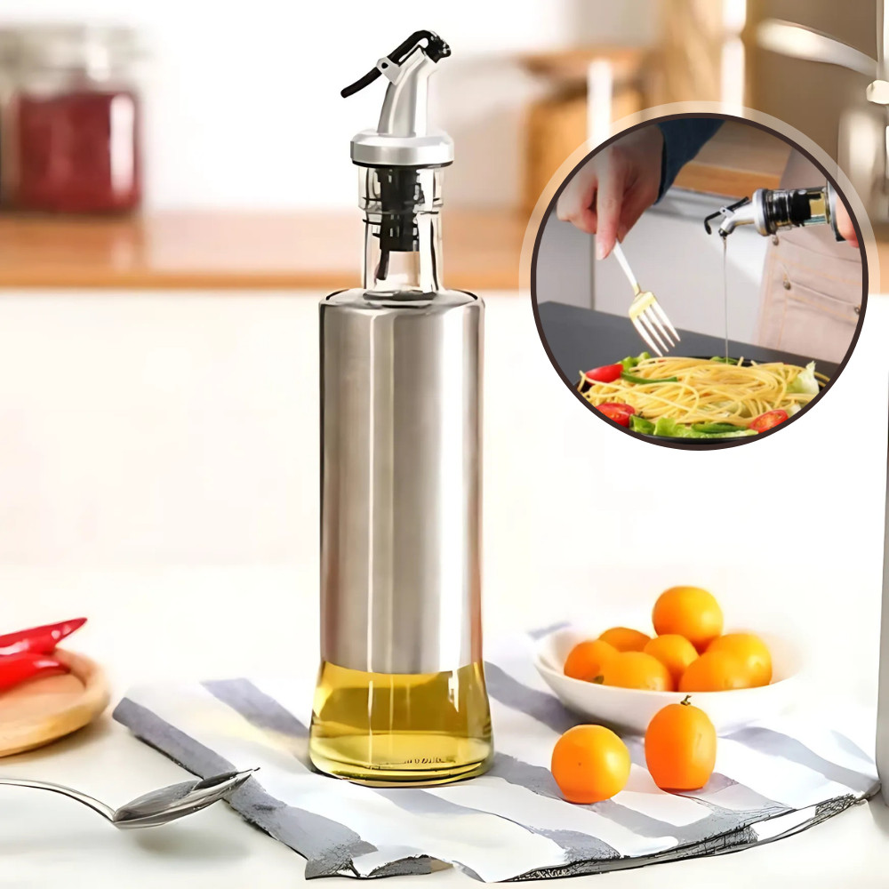 Galheteiro Azeite Vinagre 300Ml Vidro Aço Inox Dosador Porta Azeite ou Vinagre Molheiro