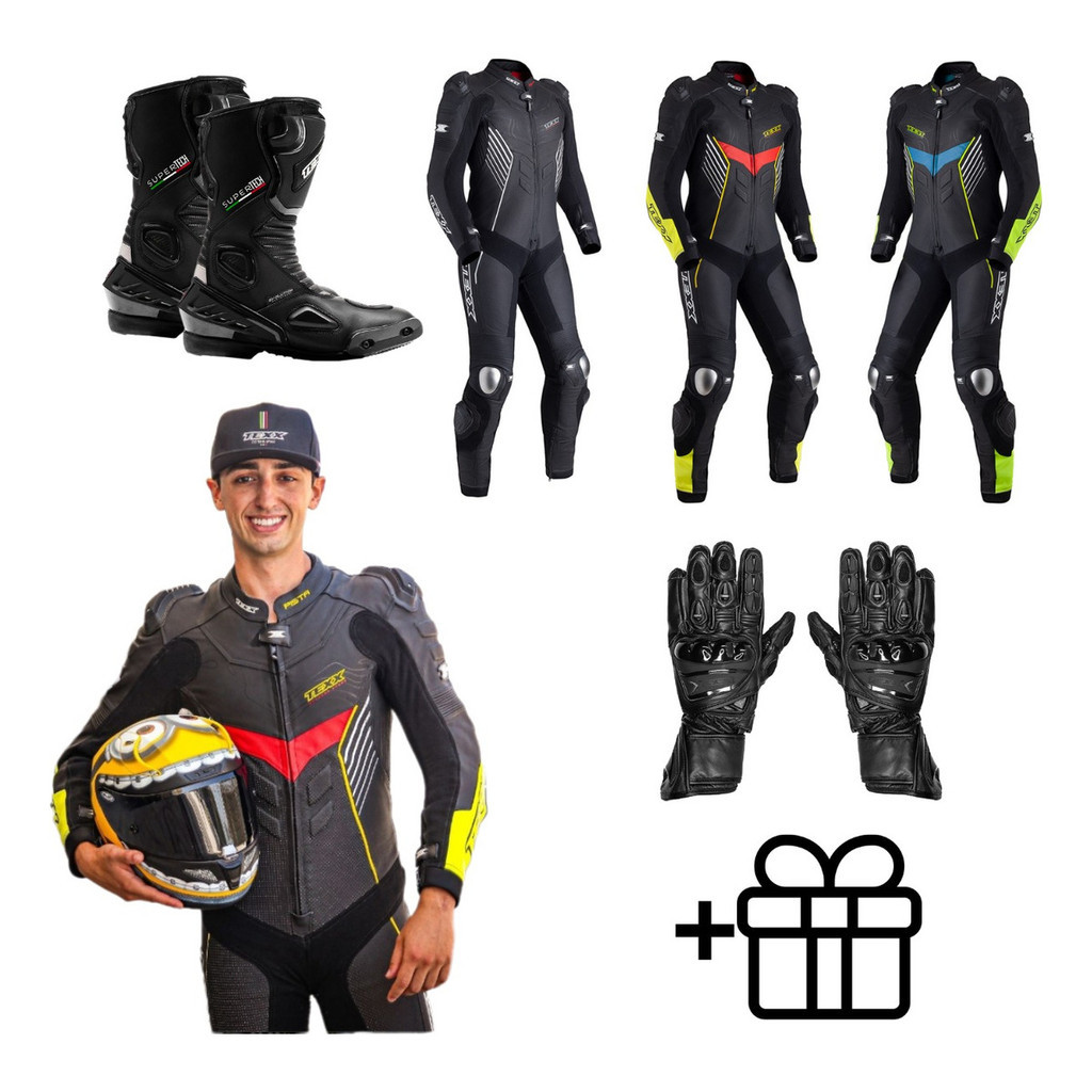 Macacao Motoqueiro 1 Peça Texx Pista Masculino Bota Super Tech Luva Gp Race Esportivo Superbike