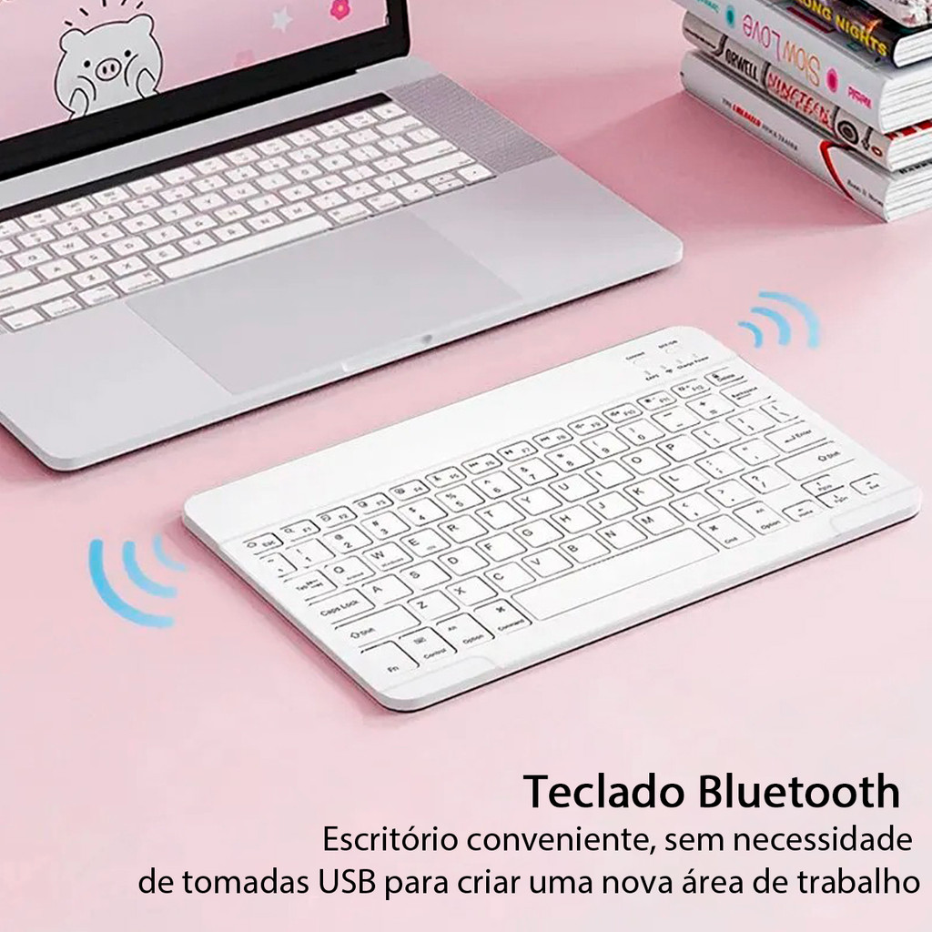 Combo Completo Capa para iPad A16 11ª Geração 2025 Teclado Sem Fio Mouse Branco Bluetooth e Película Protetora - detalhe
