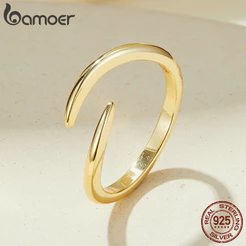 Anel Aberto De Prata Esterlina 925 Bamoer Para Mulheres , Cor Dourada , Elegante , Tamanho Ajustável , Joias Da Moda , P