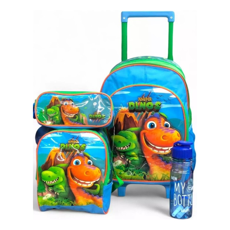 Kit Escolar Mochila Lancheira Estojo Garrafinha Dinossauro