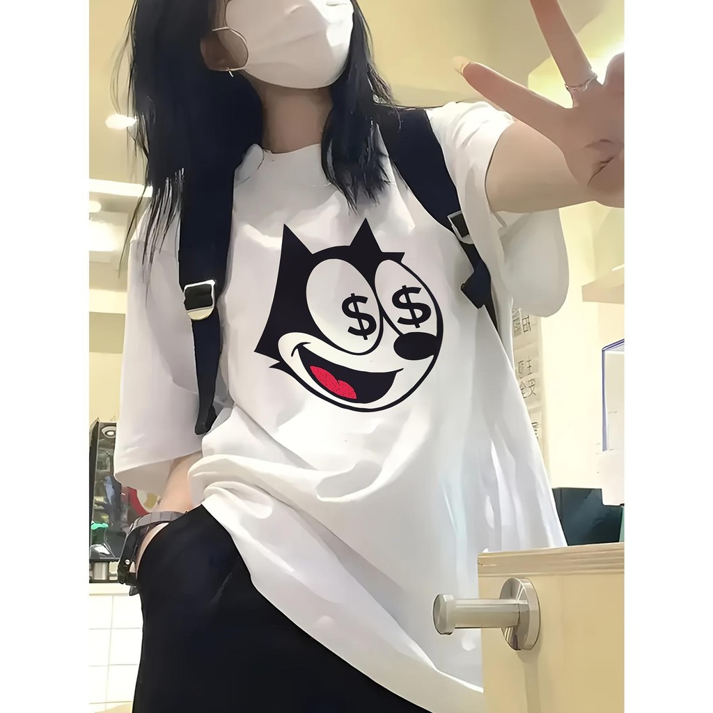 Camiseta feminina estampada solta de desenho animado - Casual gola redonda manga curta verão camiseta branca