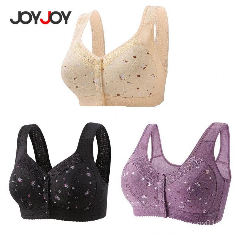 Joyjoy  Lingerie Feminina Plus Size Sutiã de Algodão Sem Fio com Botões de Renda Frontais Impressão de Borda em Oferta na Shopee