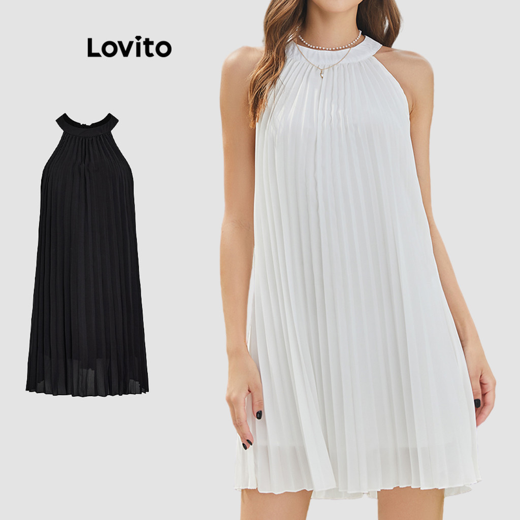 Lovito Vestido Casual Liso Plissado Com Decote Redondo Vestido Branco Para Mulheres L24AD025 (Branco) - Women Clothes