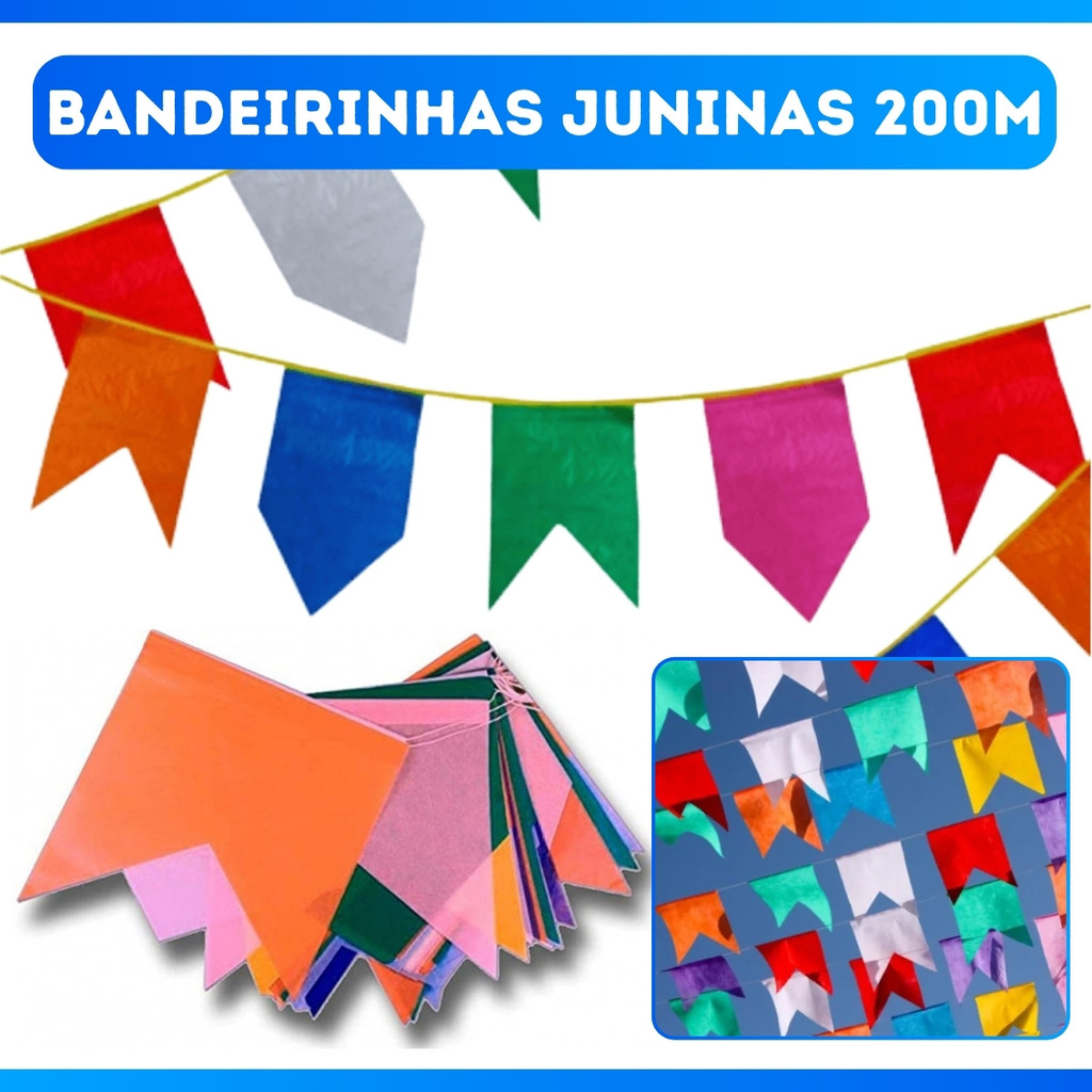 Kit 200 Metros Bandeirinhas Festa Junina / São João Colorido - Resistente a Água - MAIS BARATO