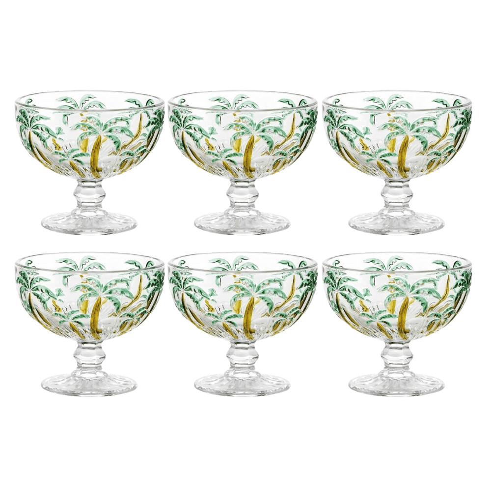 Jogo 6 Taças de Sobremesa Vidro Grosso 310ml Palm Tree Decorado Relevo Tropical Coqueiro