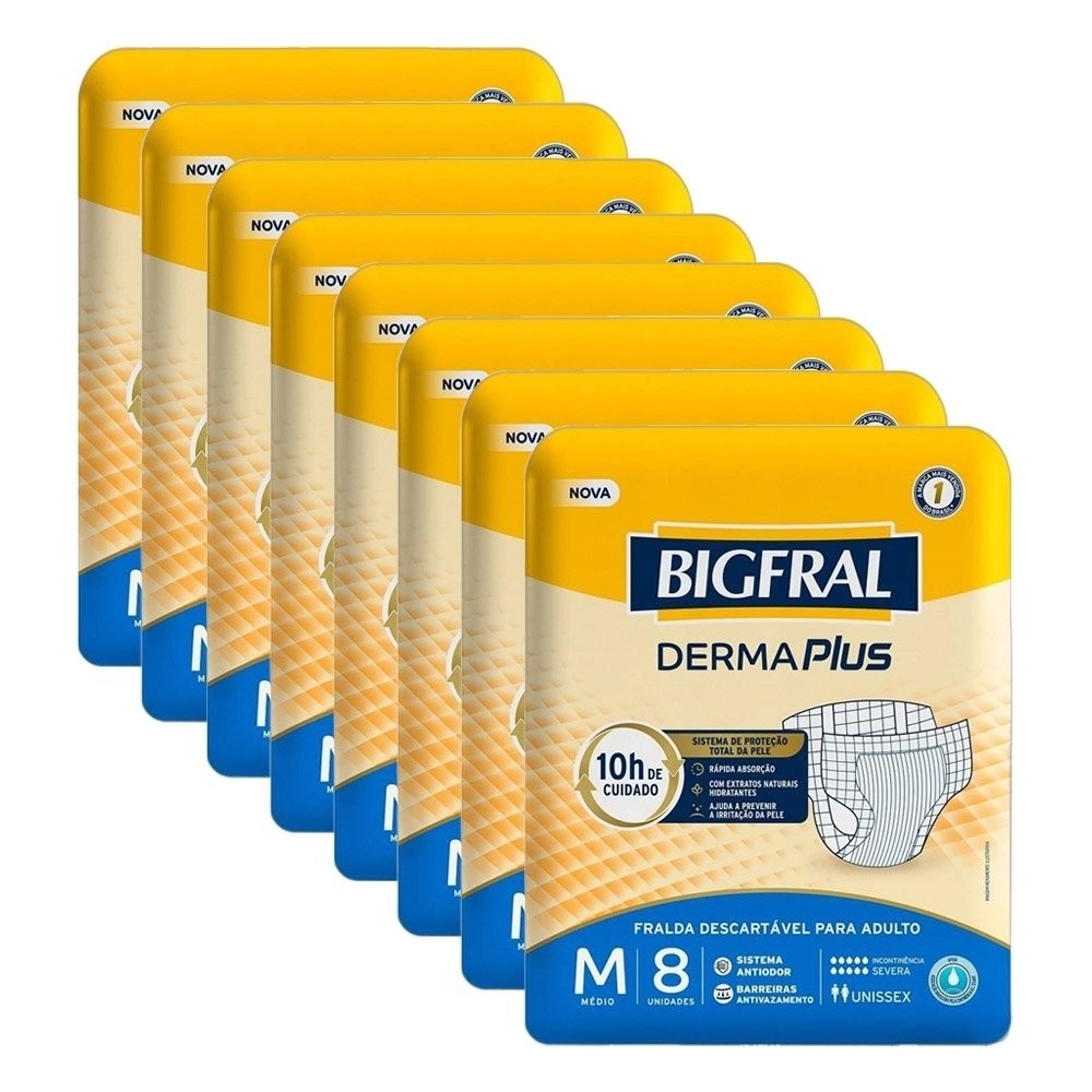 Fralda Geriátrica Bigfral Derma Plus M - 8 Pacotes c/ 8 Fraldas