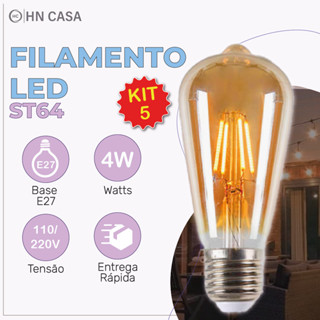 Kit 5 Lâmpada Filamento LED ST64 4W E27 LUZ QUENTE (AMARELO) Âmbar Retrô Vintage 110V~220V | Bivolt em Oferta na Shopee