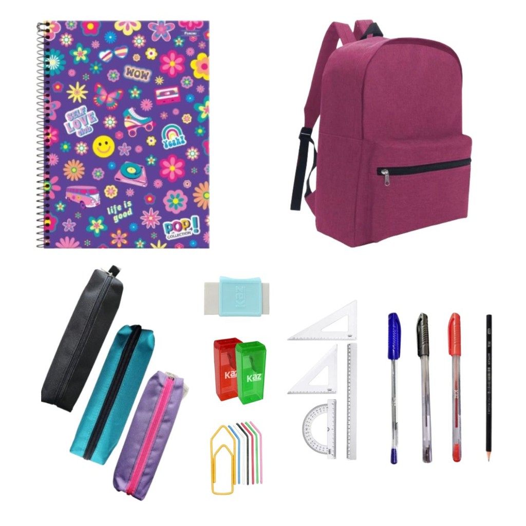 Kit Material Escolar Mochila Fundamental Médio Faculdade Feminino Menina Juvenil Básico Rosa