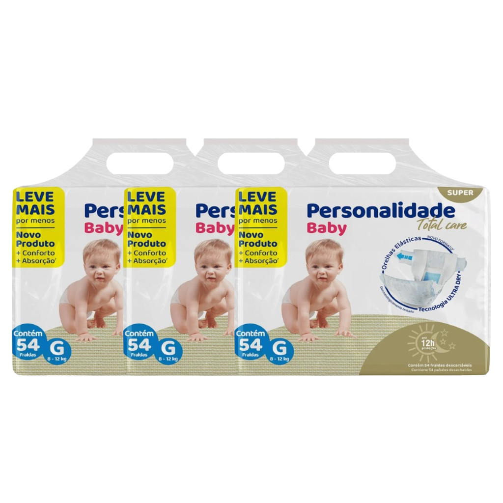 Kit 3 Fralda Descartável Personalidade Baby Total Care Bag G - Total de 162 Unidades