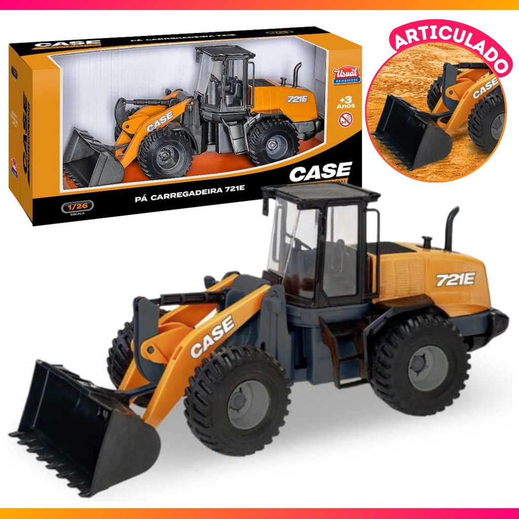 Brinquedo Trator Pá Carregadeira Case 721E Miniatura Original Articulada Realista Pneu De Borracha