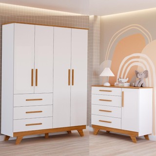 Quarto de Bebê Completo com Guarda Roupa 4 Portas Cômoda 4 Gavetas Retrô 100% MDF Móveis Peroba em Oferta na Shopee