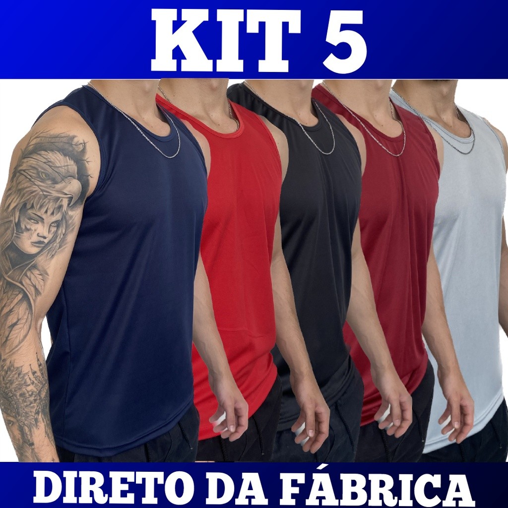 KIT 5 Regata Masculina Dry Fit 100% Poliéster - Casual - Treino - Academia - Esportes - Exercícios - Corrida