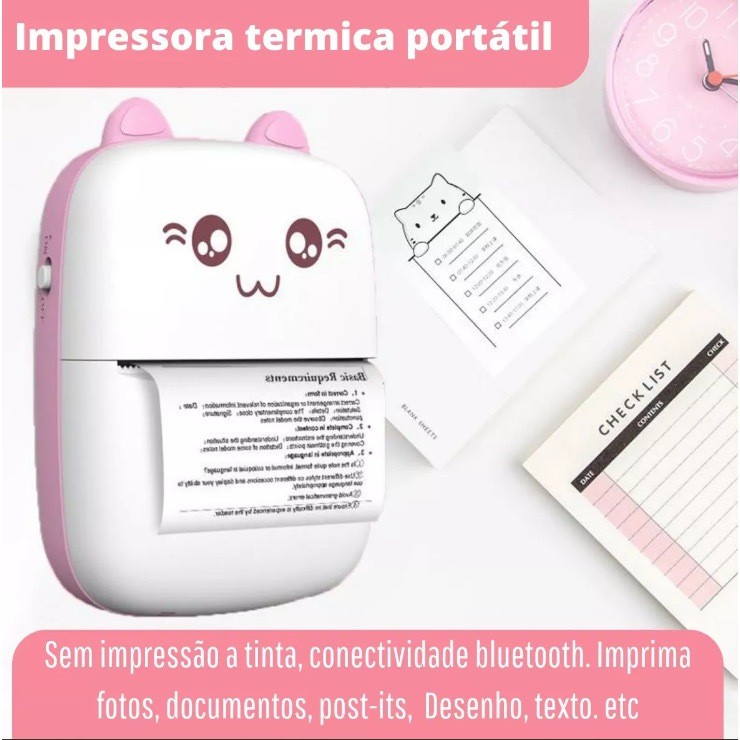 Mini Impressora Portátil Gato Rosa E Azul Térmica Bluetooth