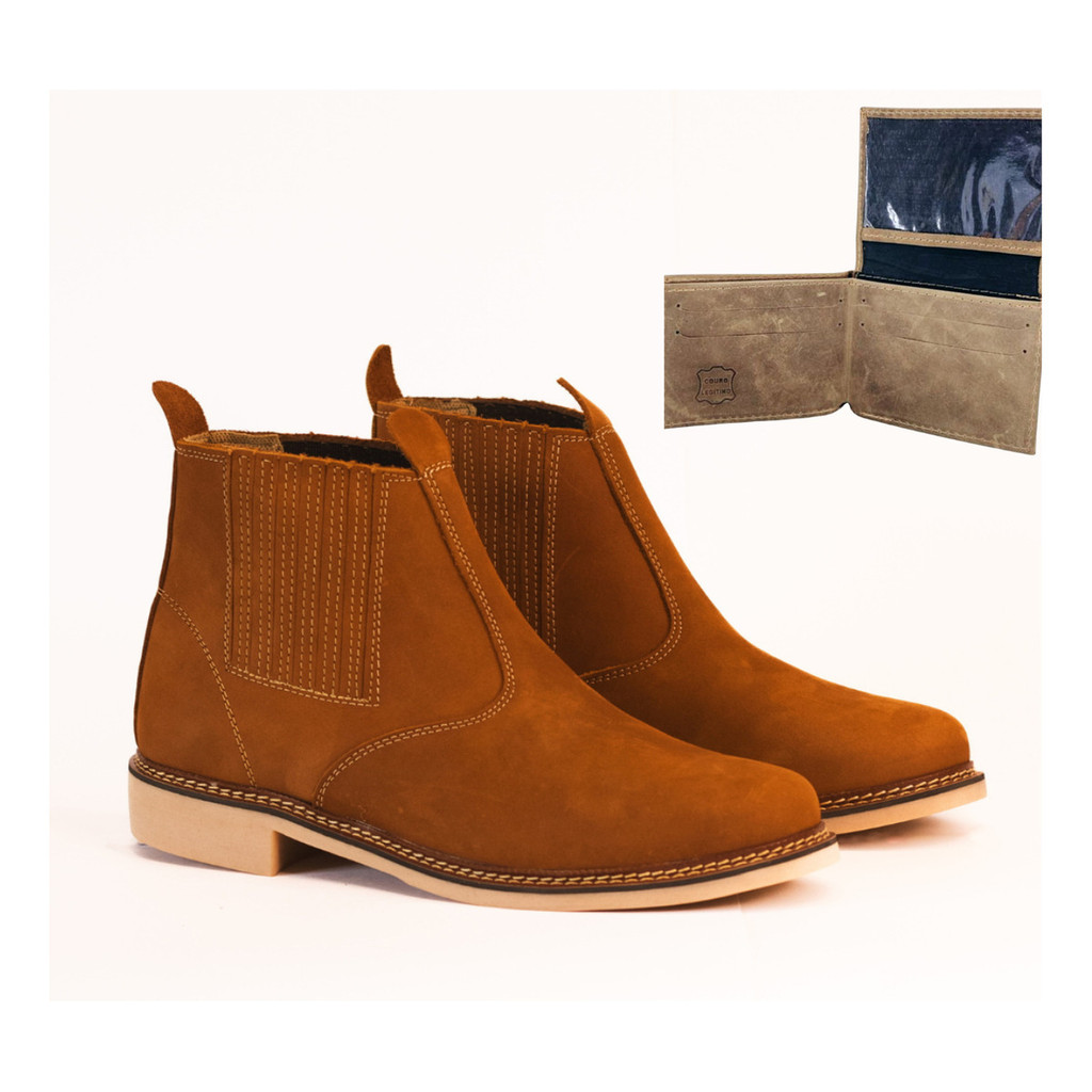 Bota Botina Couro Trabalho Confort Macia Rodeio Kit Carteira