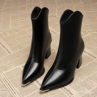 2025 Botas Femininas De Cano Médio Com Bico Fino , Salto Grosso , design De Detalhes Laterais Outono E Inverno Curtas Fr