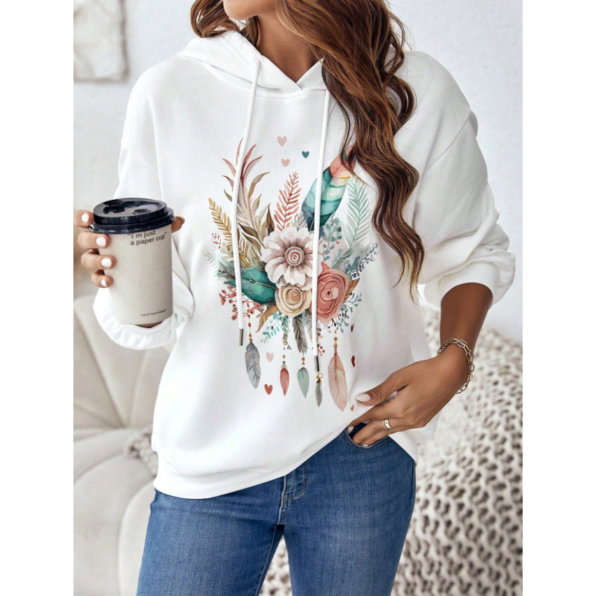 Moletom feminino canguru blusa de frio com capuz Flores e penas Casaco agasalho algodão