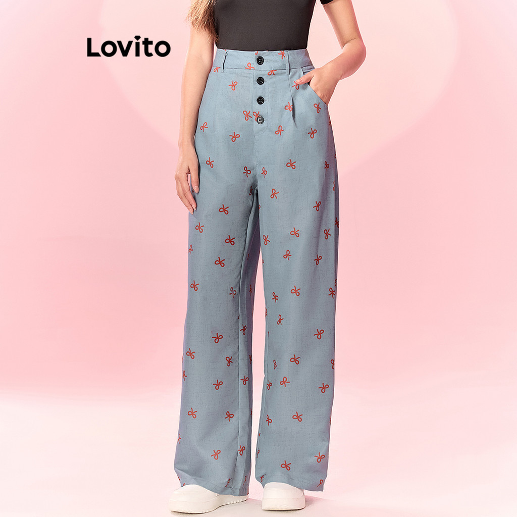 Lovito Calças casuais com padrão geométrico de botões para mulheres L114AD568 - Women Clothes